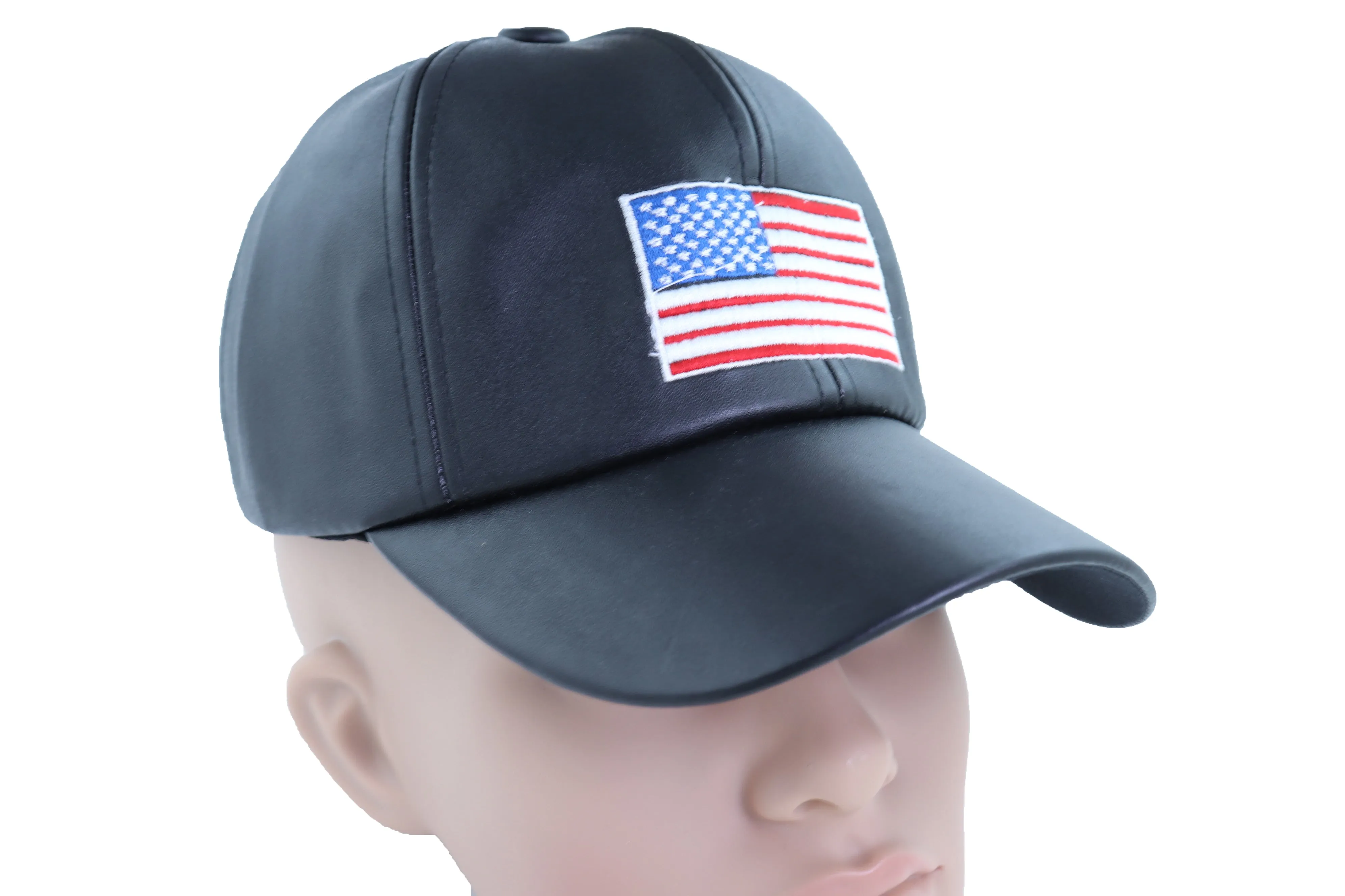 Men Baseball Cap Hat Black Faux Leather Fabric Casual Style Fashion USA Flag