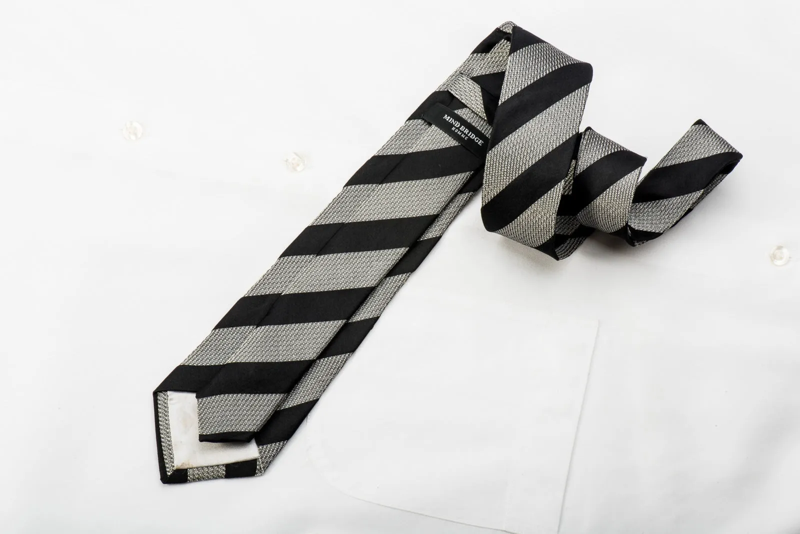 Mind Bridge Homme Skinny Tie Silver Stripes On Woven Black Silk