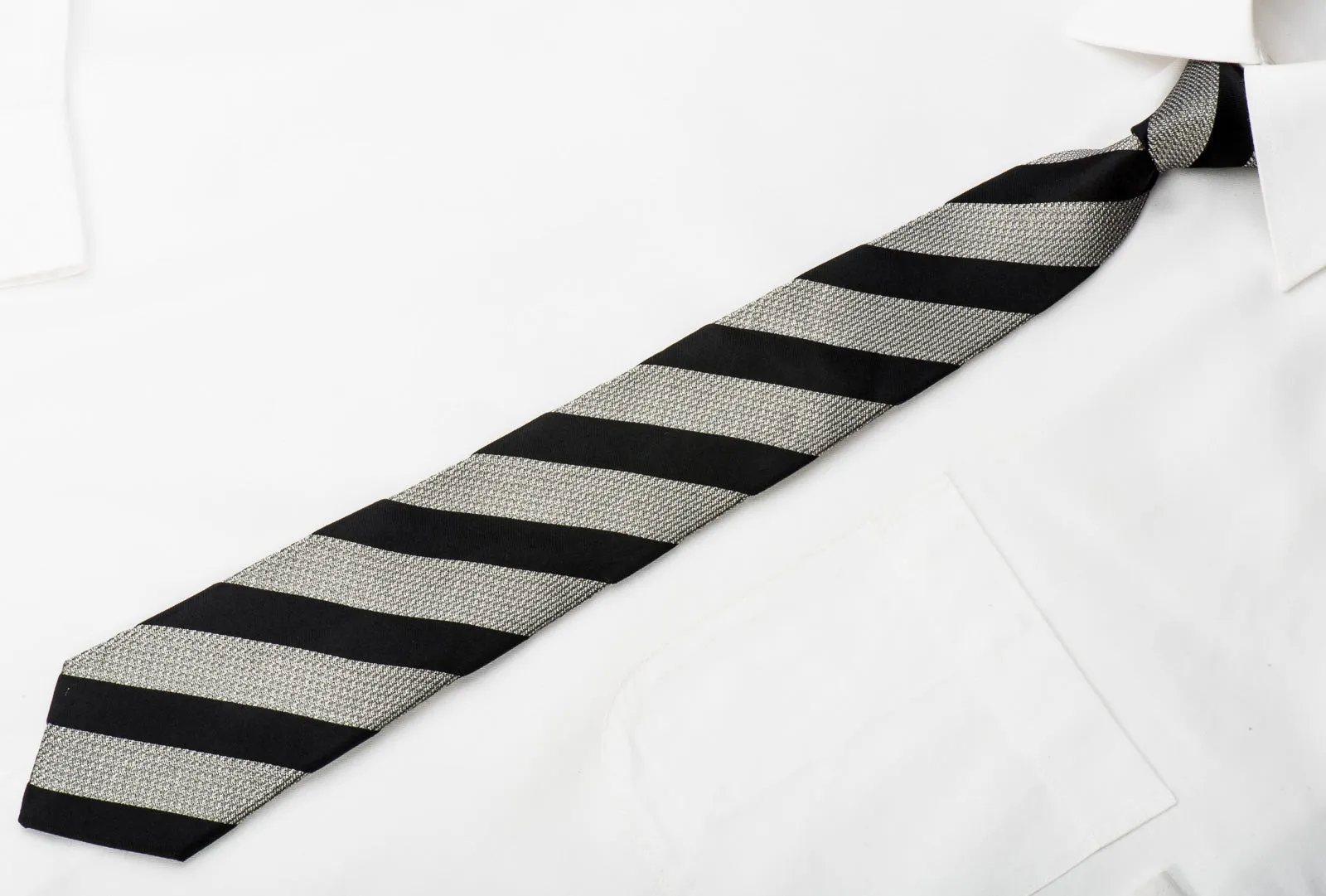 Mind Bridge Homme Skinny Tie Silver Stripes On Woven Black Silk