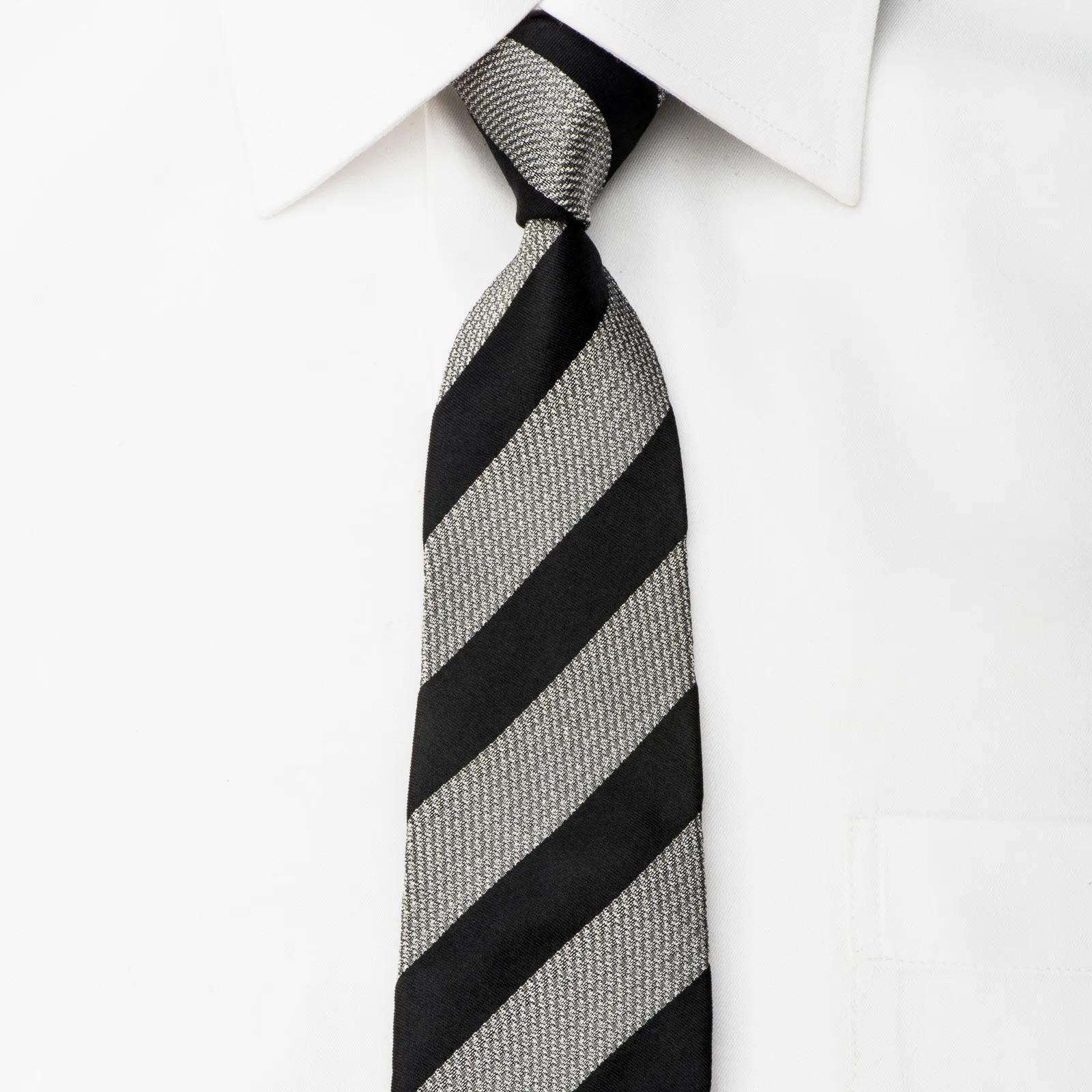 Mind Bridge Homme Skinny Tie Silver Stripes On Woven Black Silk