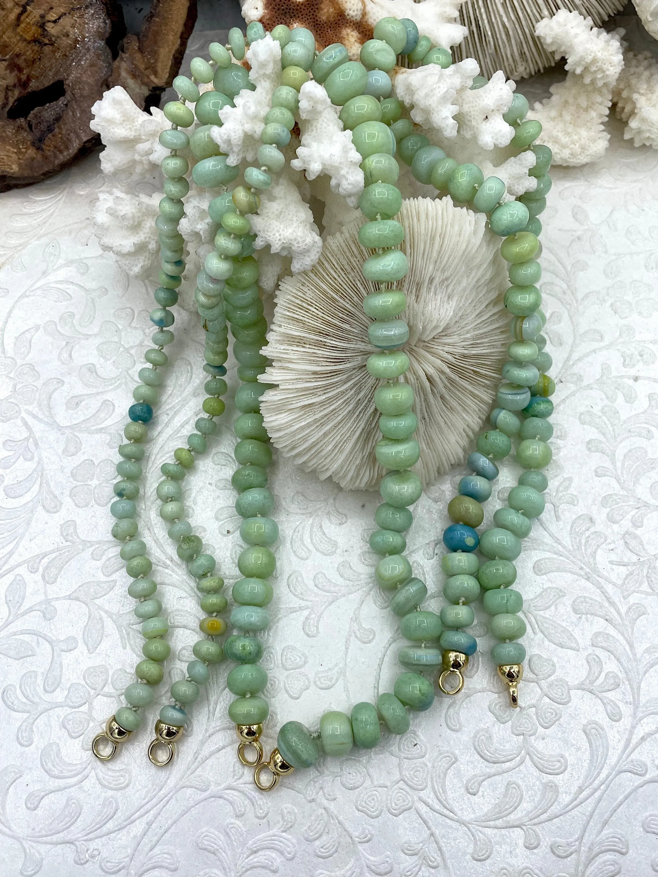 Peruvian Green Mixed Opal Hand Knotted  Necklace, 16" Long, Small, Med, Large Rondelle Stones w/Gold Finished Ends,Candy Necklace, Fast Ship