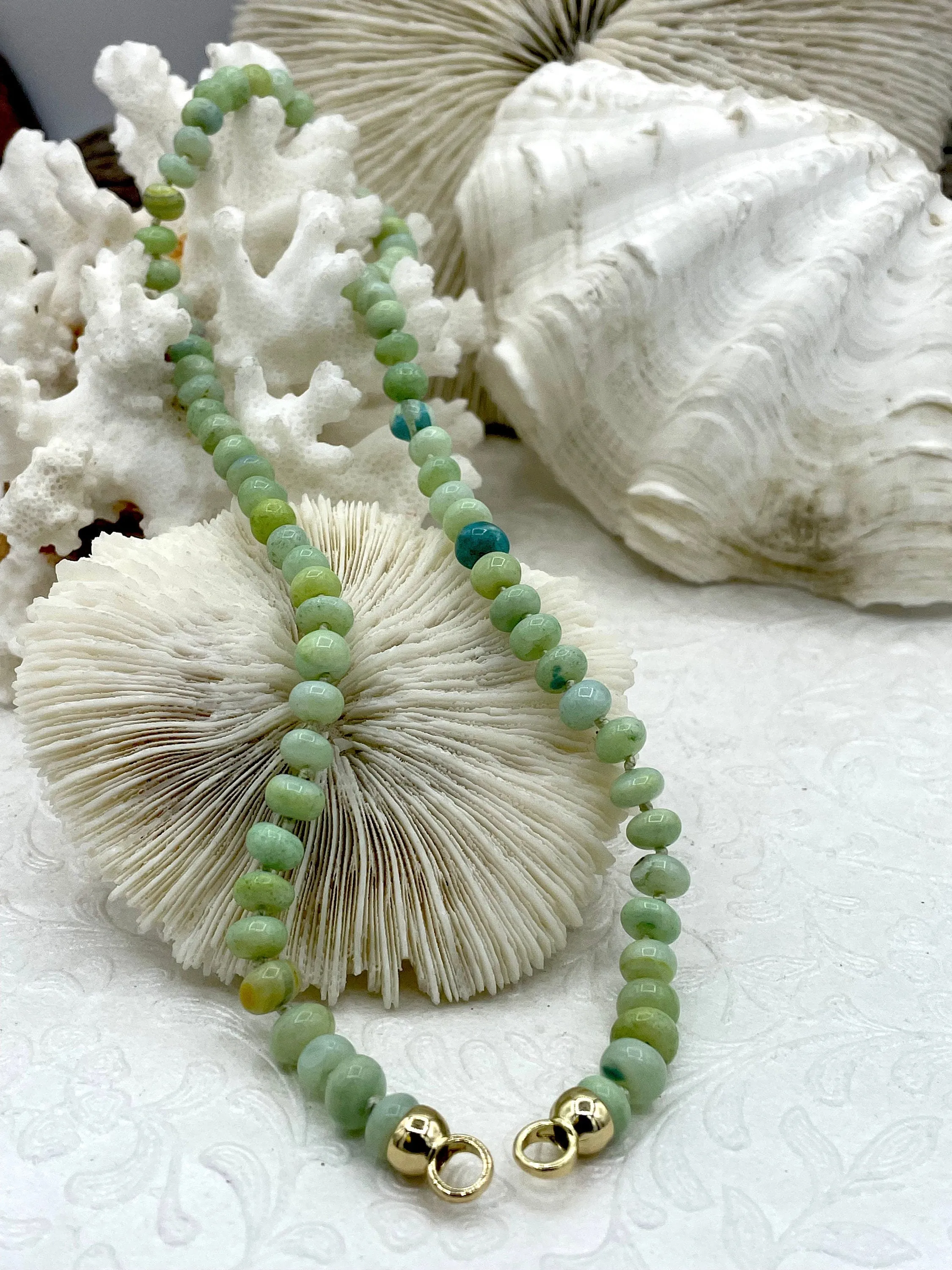 Peruvian Green Mixed Opal Hand Knotted  Necklace, 16" Long, Small, Med, Large Rondelle Stones w/Gold Finished Ends,Candy Necklace, Fast Ship