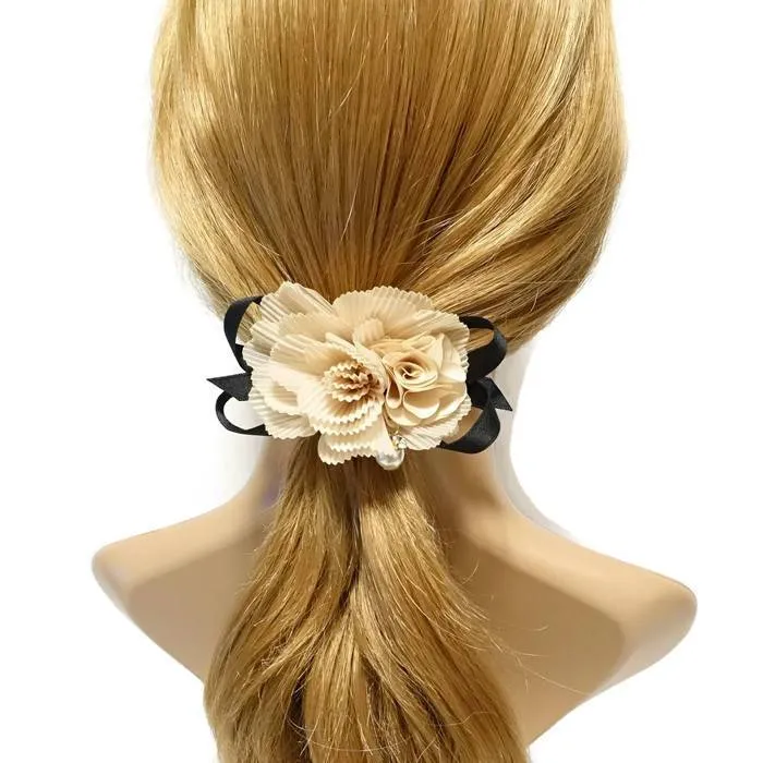 Pleated flower black bow Knot decorated elastic ponytail Holder Women Hair Elastics