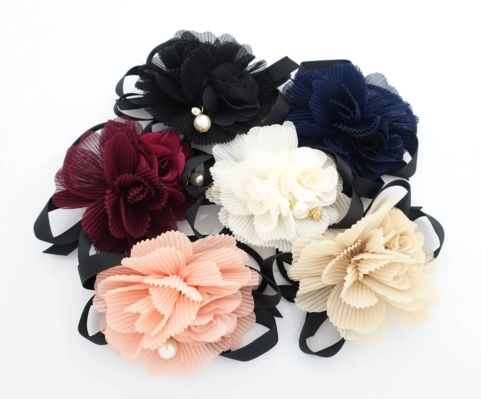 Pleated flower black bow Knot decorated elastic ponytail Holder Women Hair Elastics