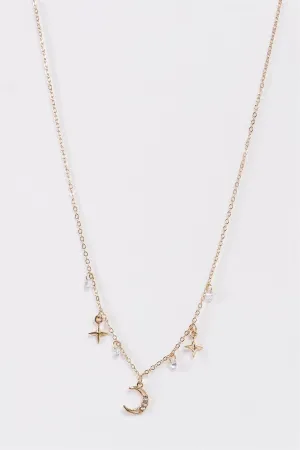 "Night Sky" Gold Diamond Star Crescent Multi Pendant Necklace