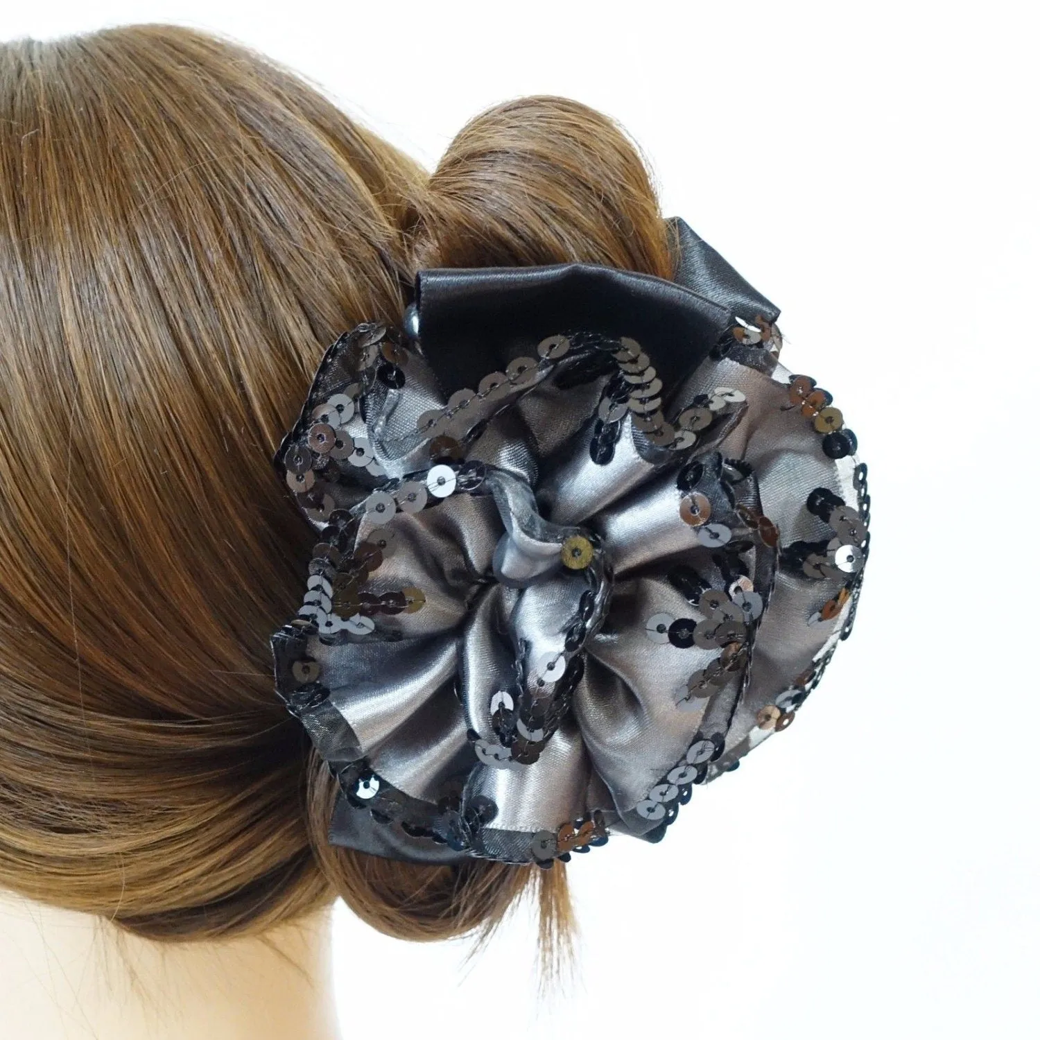 Satin Flower Bow Luxury Spangle Mesh Wrap Sequin spangle decorative  Hair Jaw Claw Clip