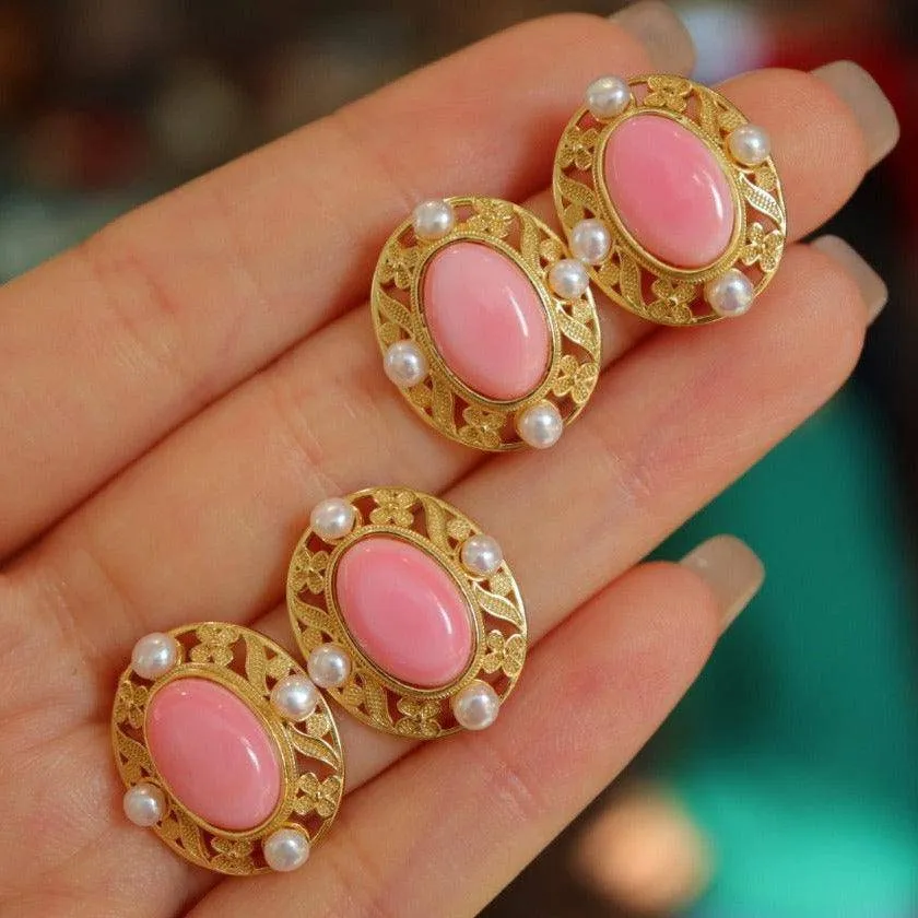 Stylish Pink Queen Conch Shell Pearls Earrings Gold Vermeil