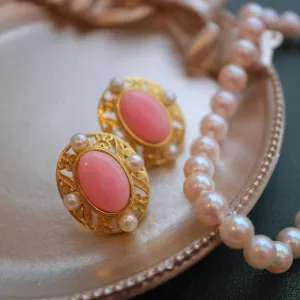 Stylish Pink Queen Conch Shell Pearls Earrings Gold Vermeil