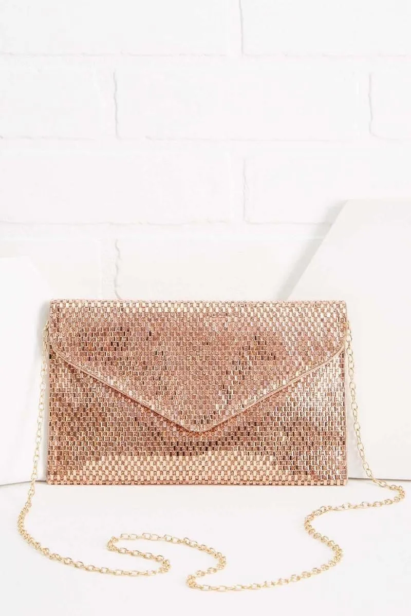 TD0025 Jennifer Metallic Woven Rhinestone Envelope Clutch