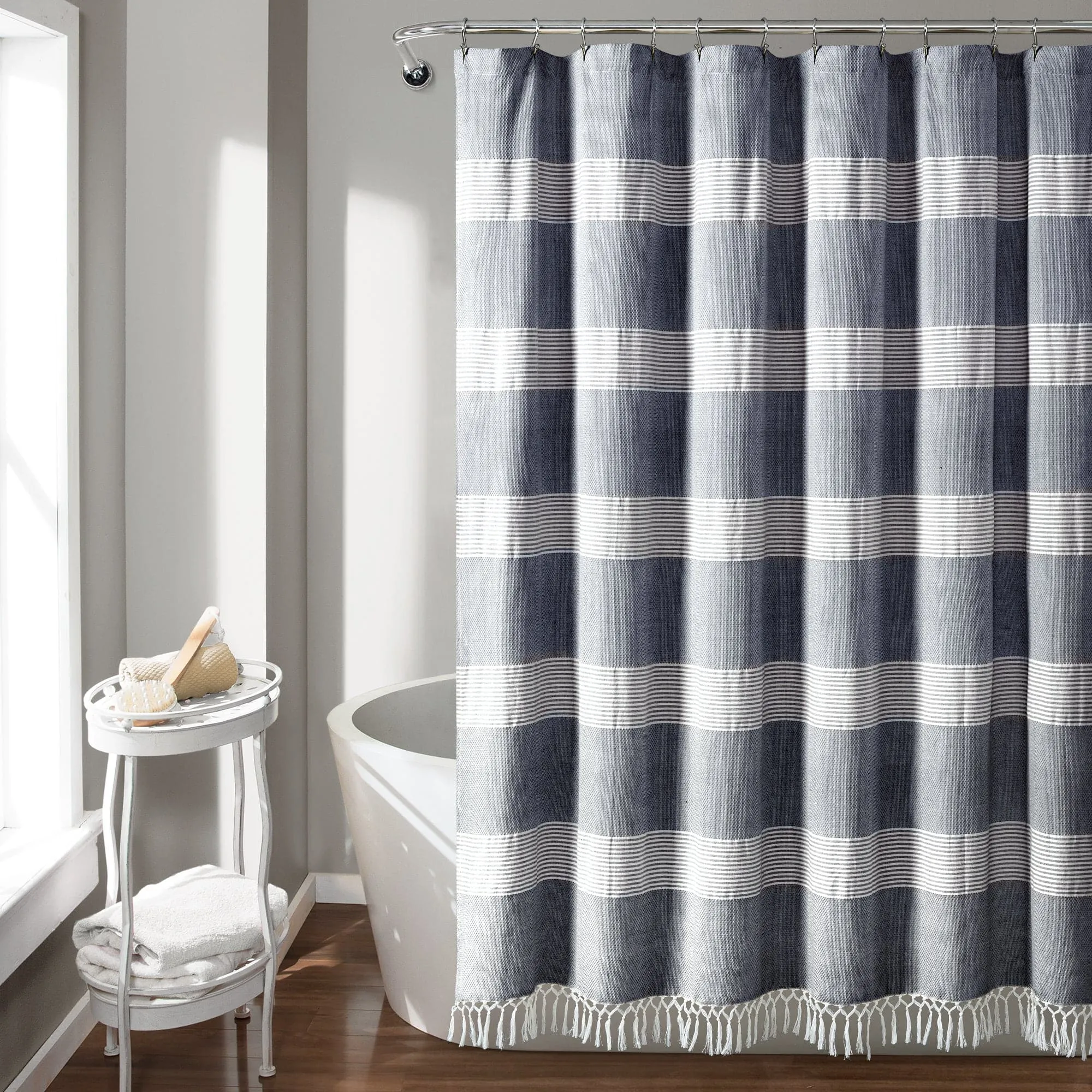 Tucker Stripe Yarn Dyed Knotted Tassel Shower Curtain