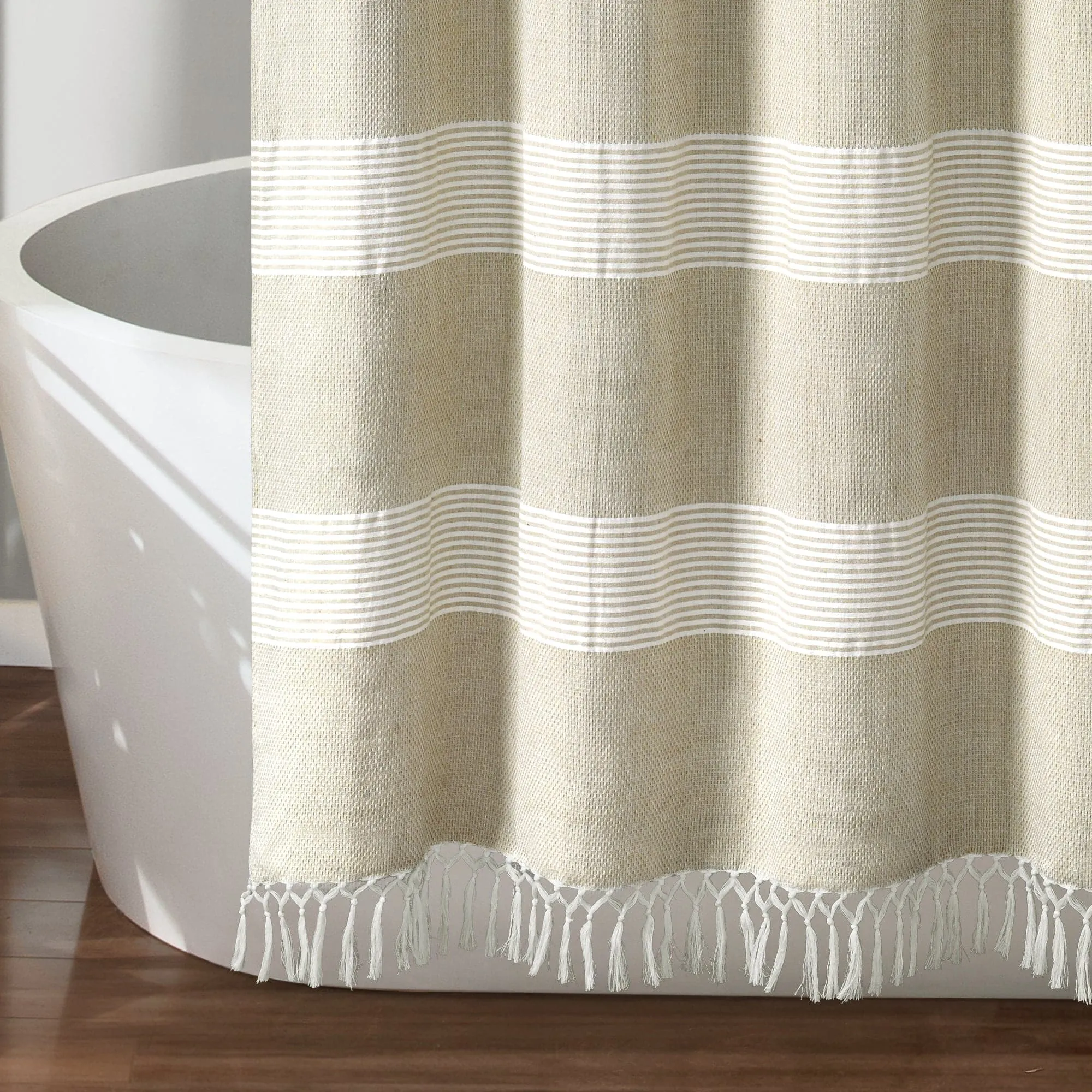 Tucker Stripe Yarn Dyed Knotted Tassel Shower Curtain