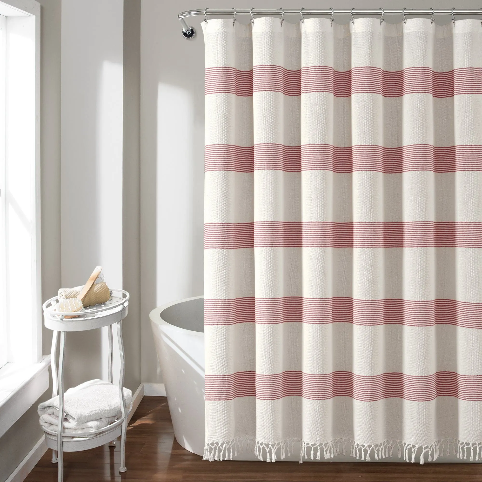 Tucker Stripe Yarn Dyed Knotted Tassel Shower Curtain